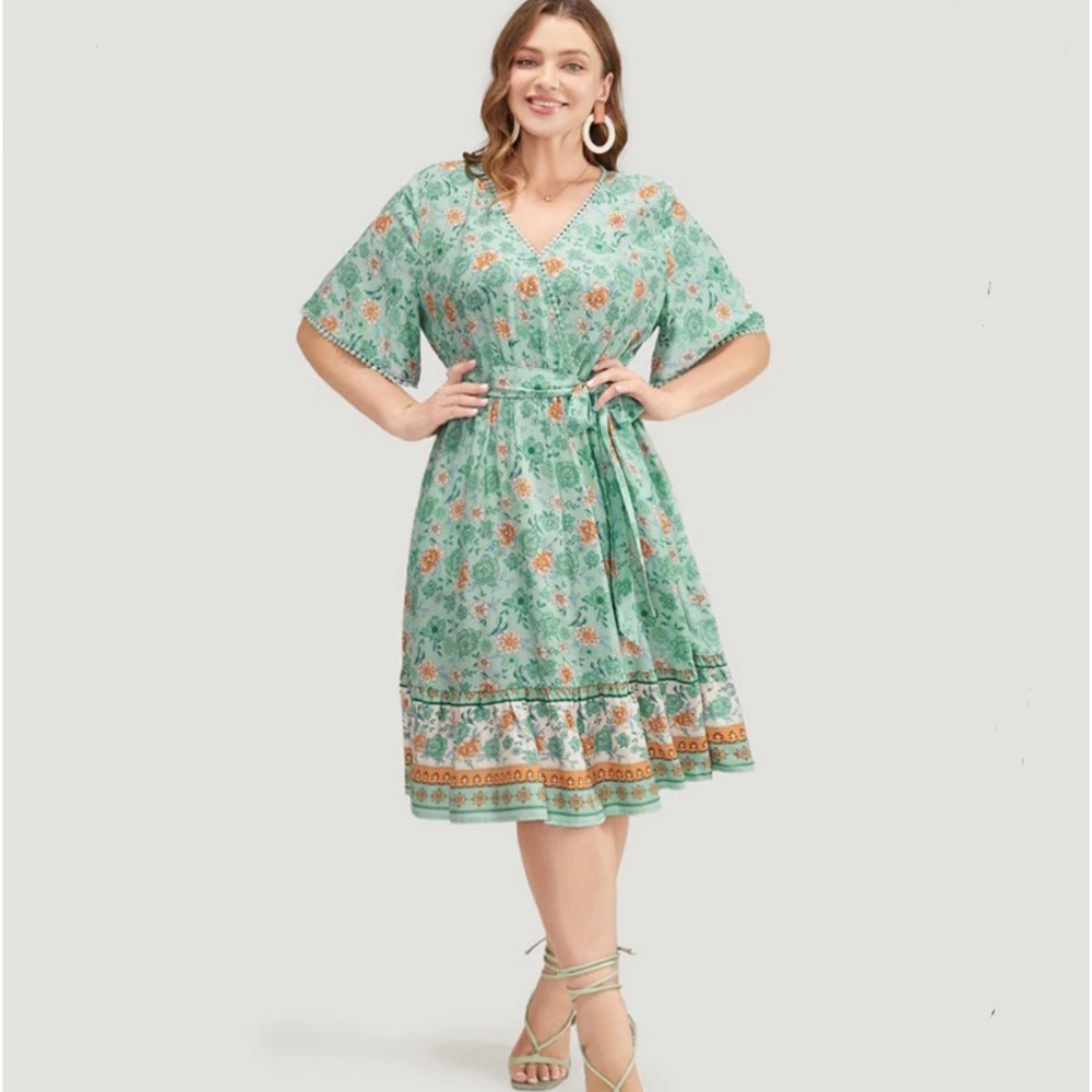 Bloomchic Bandana Print Pompom Trim Pocket Flutter Belted Wrap Dress
